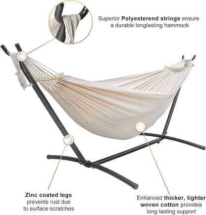SZHLUX Double Hammock with Stand Included 450lb Capacity Steel Stand, Premium Carry Bag Included.Indoor Outdoor Brazilian-Style Cotton Bed for Backyard, Camping,Garden, Beige