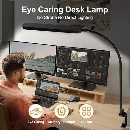 SKYLEO Led Desk Lamp - Desk Light for 33.5" Tall - Flexible Gooseneck - 5 Color Modes X 11 Brightness Levels - 1300LM - Timmer & Memory Function - 12W Clip on Light - Black