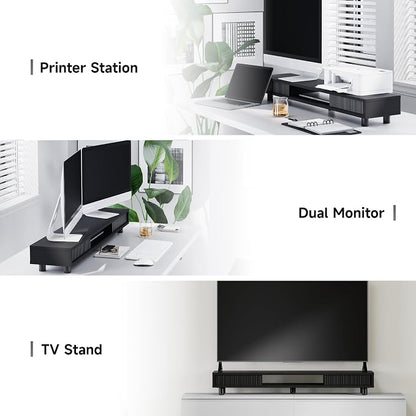 Fenge Dual Monitor Stand, 42.5inch Long Monitor Stands Riser for 2 Monitors, Glass Sliding Door with Storage Organizer Stand for Desk, 2 Tier Desk Shelf for Laptop, Pc, Printer, Computer, TV