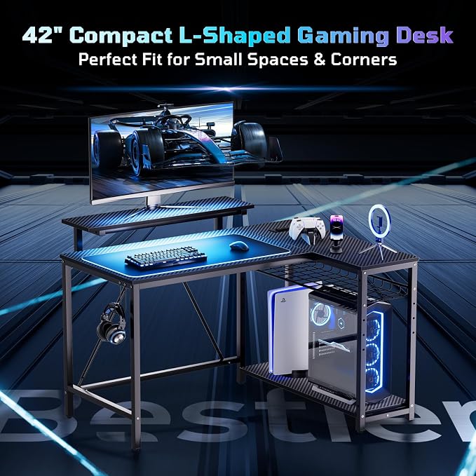 Bestier 42-Inch L-Shaped Computer Desk with Charging & LED, Black | Charging 2AC+USB+Type-C, RGB LED Strip, Reversible Shelves, Monitor Stand, Headphone Hook, Cable Mgmt, Small Space