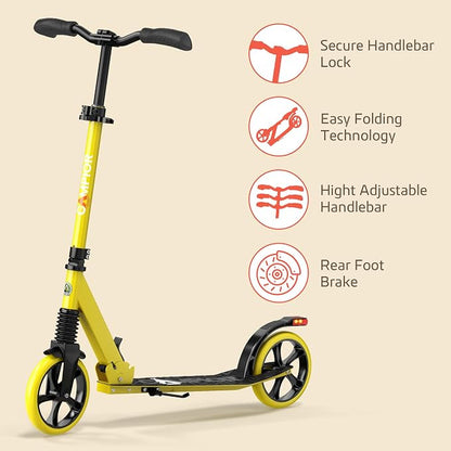 Campior Kick Scooter for Ages 6+, for Kids, Teens, and Adults, Max Load 240 LBS, Foldable, 8-inch Big Wheels for Kids and Adults, with Kickstand, 3 Adjustable Levels, Child Safety Approved, Yellow