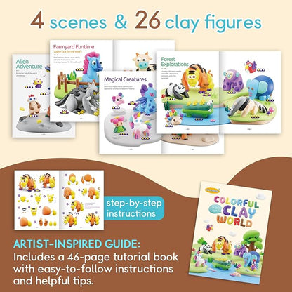 Drama Planet Air Dry Clay Kit for Kids - Comes with Instructional Guide Featuring 4 Scenes & 26 Projects Tutorials, 18 Cans of Modeling Clay, Includes Display Stand, Gift for Girls and Boys