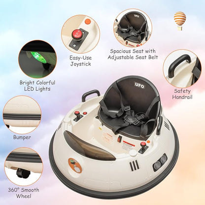 Ride On Bumper Car, 12V Electric Toddlers Car with Remote Control, Safety Belt, Music, Flashing Lights, 360 Degree Spin, Bumper Car for Toddlers,Kids,White