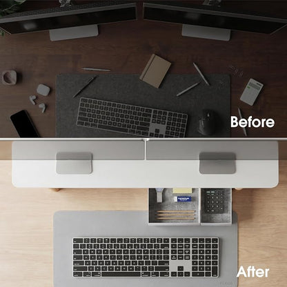 Fenge 42.5" Monitor Stand with Storage Drawers, Minimalist Monitor Riser with Solid Ash Legs and Cable Management, Wooden Desk Shelf for Home Office Workspaces, White