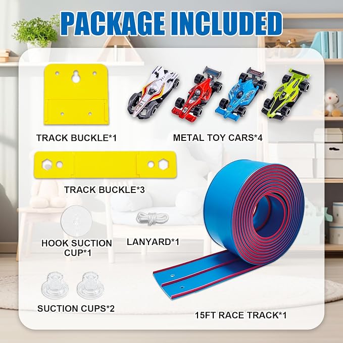 Flexible Race Track Toys for Kids, 15 Ft Double Lane Racetrack with 4 Cars & Suction Cups, Compatible with Hot Wheels & 1/64 Diecast Cars, Portable Roll Up Car Ramp Track Set for Ages 3+(Blue & Red)