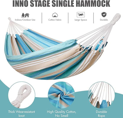 Brazilian Hammock with Tree Straps - Canvas Hammocks Portable Hammock with Carry Bag for Backyard, Porch, Outdoor and Indoor Use Blue & Green
