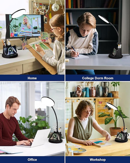 hansang LED Desk Lamp for Home Office with Wireless Charger, 3 Color Modes, Stepless Dimmable, Touch Control Black Study Lamp with Pen Holder for College Dorm Room, CRI 90, 800 Lumen, Adapter Included