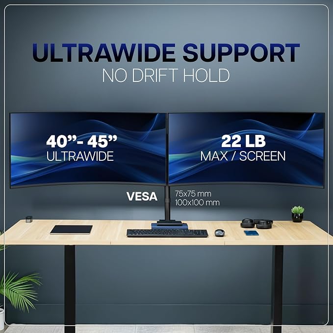 VIVO Premium Dual Ultra Wide LCD LED 40 to 45 inch Monitor Desk Mount, Heavy Duty, Adjustable Telescoping Arms, Flush Wall Setup, Fits 2 Screens, Black, STAND-TS45C