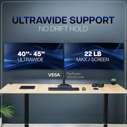 VIVO Premium Dual Ultra Wide LCD LED 40 to 45 inch Monitor Desk Mount, Heavy Duty, Adjustable Telescoping Arms, Flush Wall Setup, Fits 2 Screens, Black, STAND-TS45C