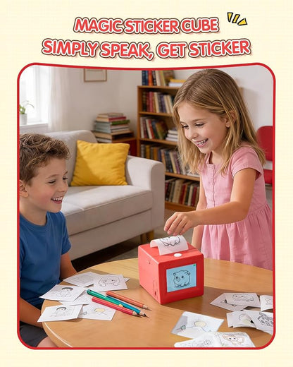 Smart AI Voice Sticker Printer Cube, Magic Thermal Sticker Maker with Display, Inkless Portable Sticker Cube for Home, Office, Study & DIY Projects, 5 Rolls Paper Included