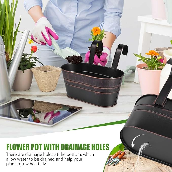 OBTANIM 4 Pack Metal Hanging Flower Pots Iron Railing Planter Outdoor Fence Hanging Pots Bucket Plant Holder with Detachable Hooks Drain Holes for Home Garden Yard Decor (Black)