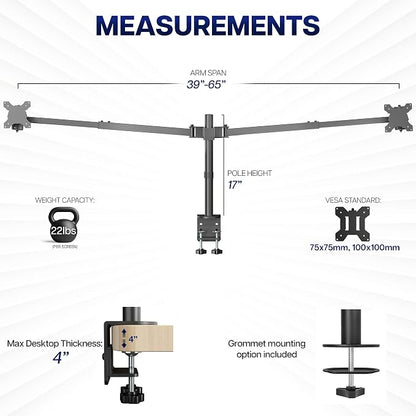 VIVO Premium Dual Ultra Wide LCD LED 40 to 45 inch Monitor Desk Mount, Heavy Duty, Adjustable Telescoping Arms, Flush Wall Setup, Fits 2 Screens, Black, STAND-TS45C
