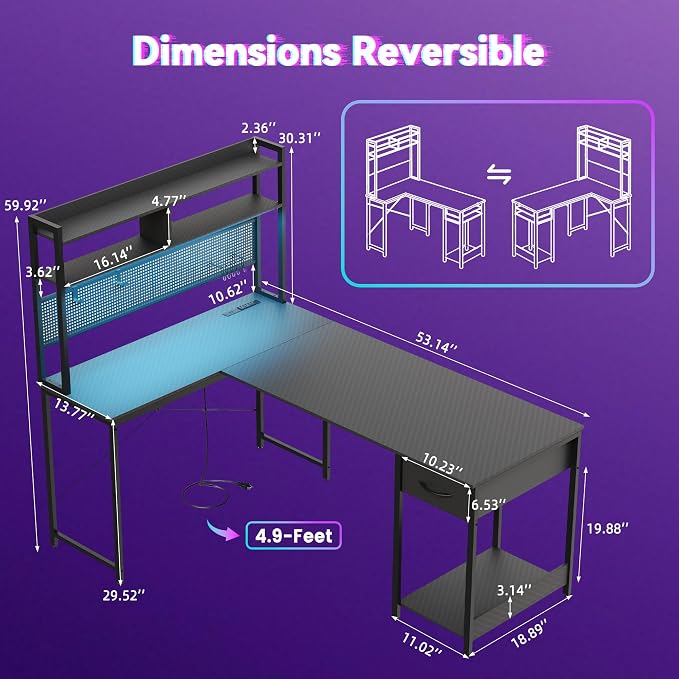 Apicizon L Shaped Gaming Desk 53" with Hutch, LED Light and Drawer | Carbon Fiber Surface, Storage Shelves, Pegboard with Hooks, PC Tower Stand, USB Charging Port, Home Office, Bedroom