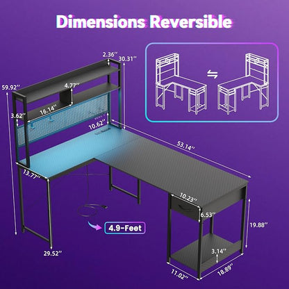 Apicizon L Shaped Gaming Desk 53" with Hutch, LED Light and Drawer | Carbon Fiber Surface, Storage Shelves, Pegboard with Hooks, PC Tower Stand, USB Charging Port, Home Office, Bedroom