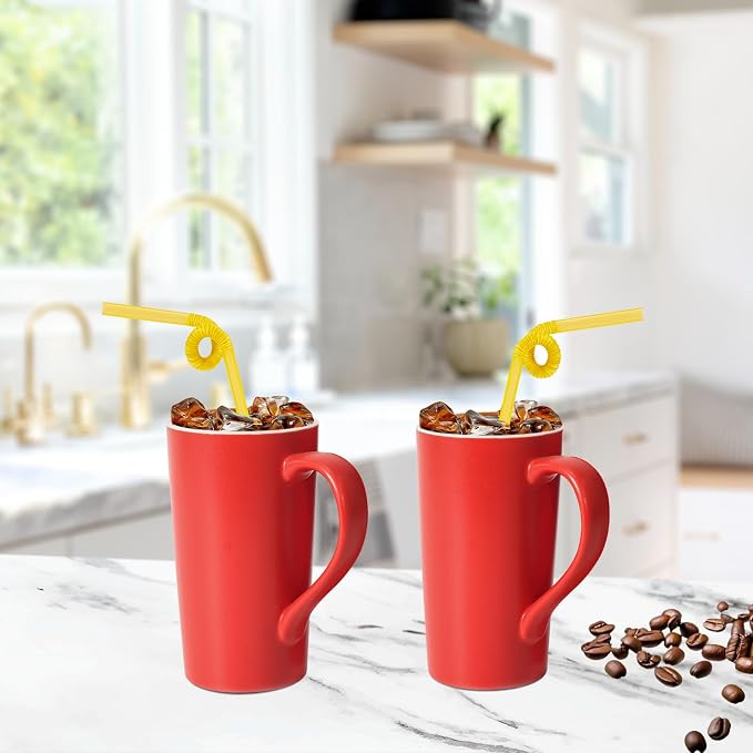 20 oz Ceramic Coffee Mugs Set of 2 Large Tall Red Porcelain Tea Cups with Handle Microwave & Dishwasher Safe Gift for Parents Dad Mom Friends