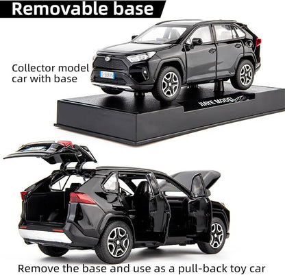WAKAKAC Model Car 1/32 RAV4 Alloy Diecast Collectible Toy Car with Light and Sound Toy Vehicle Door Can Be Opened for Boys Kids Toddler Gift (Black)