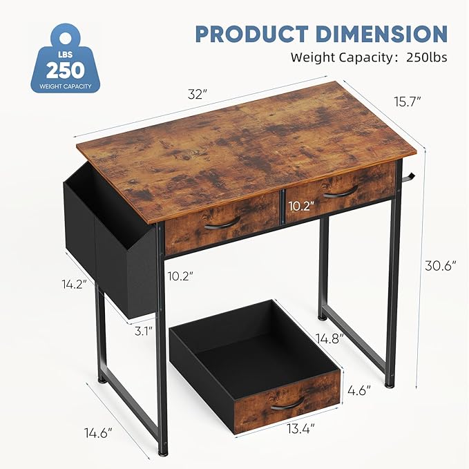 DUMOS 32-Inch Small Computer Desk with Drawers, Hook and Side Bag, Brown | Home Office Desk for Bedroom, Gaming Writing Study Desk with Adjustable Feet