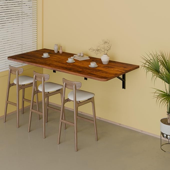 IAE 48x22in Floating Fold Desk,Wall-Mounted Folding Computer Table,Rustic | Study Table with Shelf Brackets,Foldable Down Shelf with Engineered Wood,Fold Computer Desk for Small Apartment,Holds 506 lb