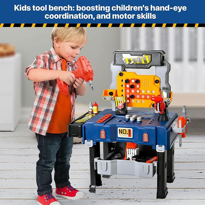 MUGEYMYD Kids Tool Bench Set with Electric Drill and Realistic Tool, Pretend Play Construction Workbench Toys for Toddlers, Build a Kids Tool Workshop Set for Boys and Girls, Ages 3-8.