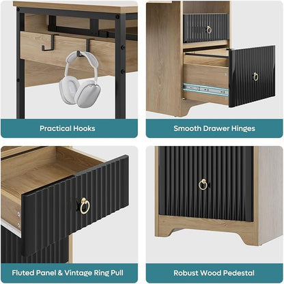 Bestier 55 Inch Office Desk with Fluted Panel & Keyboard Tray, Natural Oak | 55 X 22 In Work Surface, File Drawer, Reversible Pedestal, Fluted Panels And Keyboard Tray For Home Office Storage.