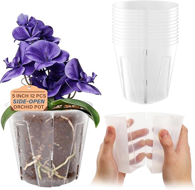 5 Inch Side-Open Orchid Pots 12 Pack, Clear Plastic Nursery Planters with Detachable Side Walls for Easy Repotting, Breathable Slotted Flower Pots with Drainage for Root Health