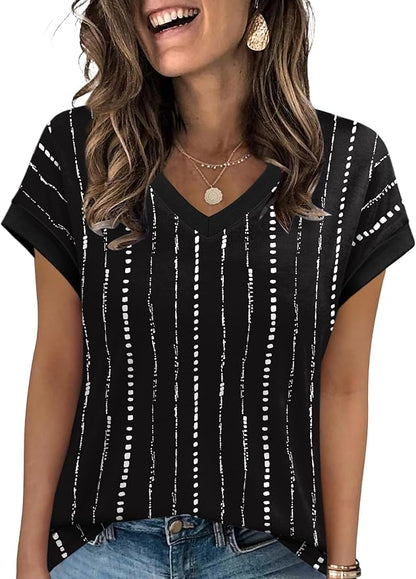 WIHOLL Womens Summer Tops 2026 Cap Short Sleeve Shirs V Neck T Shirts Fashion Beach Vacation Clothes Color Block