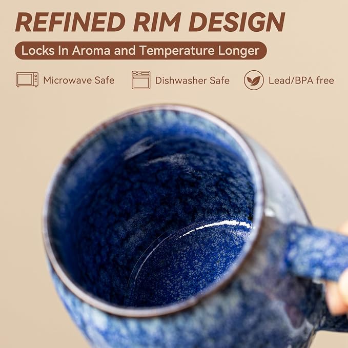 Sakura Blue Reactive Glaze Ceramic Coffee Mug - 14 oz Unique Mug with Ergonomic Handle, Large Ceramic Mug for Coffee, Tea, Milk - Great Birthday Gift for Women, Men, Friends, Home & Office Use