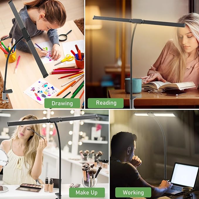 Desk Lamp for Office Home - LED Reading Light 160 LEDs with Clamp Table Lamps Eye-Caring Study Clip on Lights 3 Modes & Stepless Dimming Double Head Computer Lighting for Home, Office and Bedroom