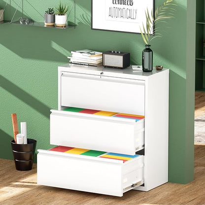 Greenvelly 3 Drawer Filing Cabinet, White Lateral File Cabinet with Lock, Lockable Metal File Cabinet for Home Office, Office File Cabinets for Legal/Letter/A4/F4 Size