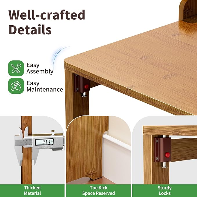 Folding Desk for Small Spaces, Bamboo Foldable Desk with Bookshelf, Brown | Small Computer Desk with Storage, Mid Century, Fold Out，Compact Size, for Bedroom, Living Room, Apartment, Home Office