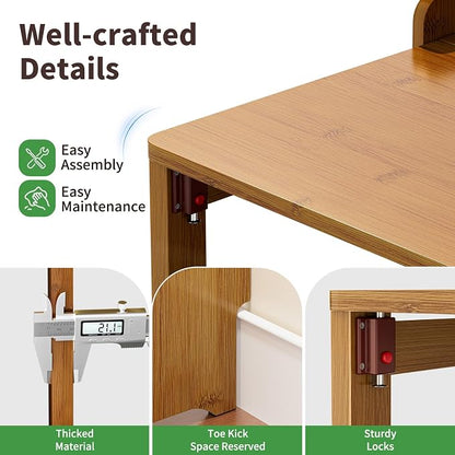 Folding Desk for Small Spaces, Bamboo Foldable Desk with Bookshelf, Brown | Small Computer Desk with Storage, Mid Century, Fold Out，Compact Size, for Bedroom, Living Room, Apartment, Home Office