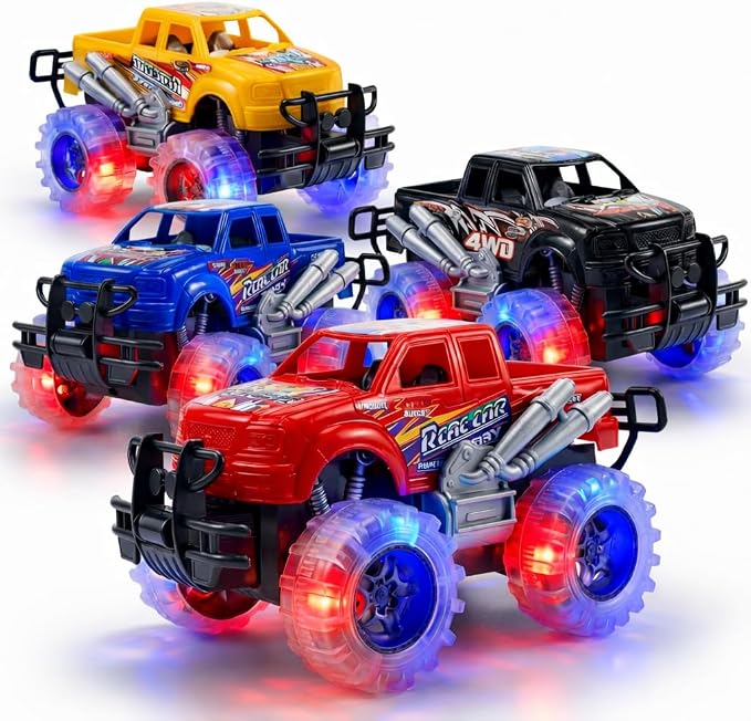 ArtCreativity Light Up Monster Trucks for Boys and Girls, 4-Pack Toy Truck Set, Monster Trucks for Boys 3 4 5 6 7 8 Years Old, Toddler Monster Truck Toys, Light Up Trucks