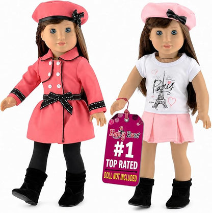 Emily Rose 18" Doll Paris Fashion Bundle - 7-Piece Chic Travel Outfit Set with Coat, Beret Hats, Graphic Tee & Ankle Boots - Gift Boxed French Style Clothes Compatible with American Girl Dolls