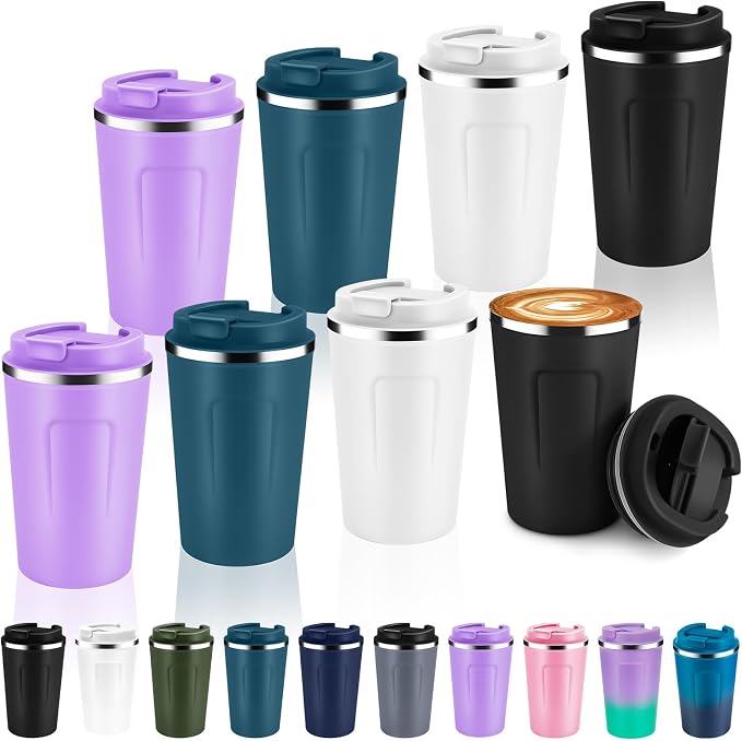 Volhoply 12 oz Double Wall Insulated Vacuum Travel Coffee Mug with Flip Lid Bulk 8 Pack,Reusable Stainless Steel Leak Proof Coffee Cup,Portable Thermal Tumblers for Hot & Cold Drinks(Assorted,8 Set)