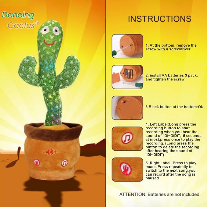 Dancing Talking Cactus Toy for Baby Boys Girls Toys, Adjustable Volume Dancing Cactus Toy Singing Mimicking Recording Repeating What You Say with LED English Sing Talking 15 Second Voice Recorder