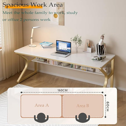 OSCHF 63-Inch Extra Long Desk with Storage Shelf, Gold | Double Long Writing Table, Space-saving, 2-Person Workstation, Modern Study Work Computer Desk, For Home Office