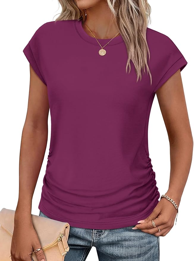 Sampeel Womens Summer Tops Trendy 2026 Ruched Cap Short Sleeve Tshirts Shirts Crew Neck T Shirts Fashion