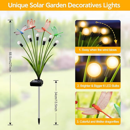 Solar Garden Lights Outdoor - 4 Pack Dragonfly Solar Swaying Light, Sway by Wind, Firefly Lights Outdoor Yard Patio Pathway Decoration, Big Bulb, High Flexibility Iron Wire & Realistic Dragonflies