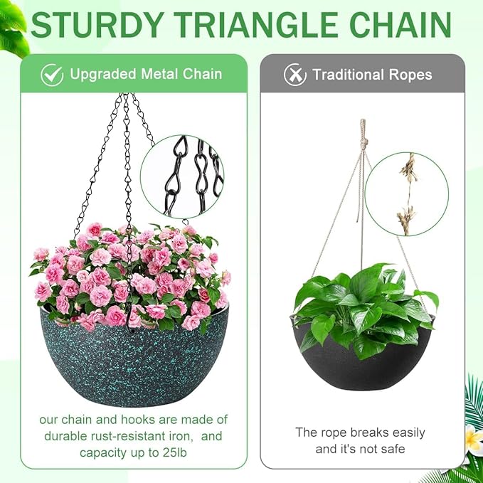 13 inch Hanging Planters for Indoor Plants, 2 Pack Planters for Outdoor Plants with Drainage Holes and Chain, Round Plastic Hanging Baskets, Hanging Flower Pots for Balcony Garden-Black Speckle