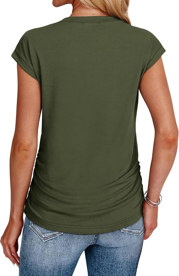 Sampeel Womens Summer Tops Trendy 2026 Ruched Cap Short Sleeve Tshirts Shirts Crew Neck T Shirts Fashion