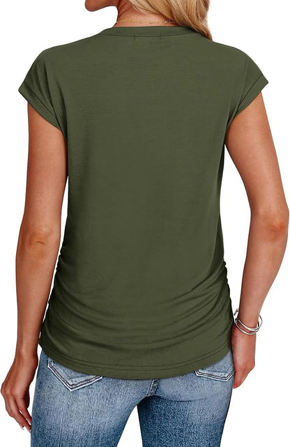 Sampeel Womens Summer Tops Trendy 2026 Ruched Cap Short Sleeve Tshirts Shirts Crew Neck T Shirts Fashion
