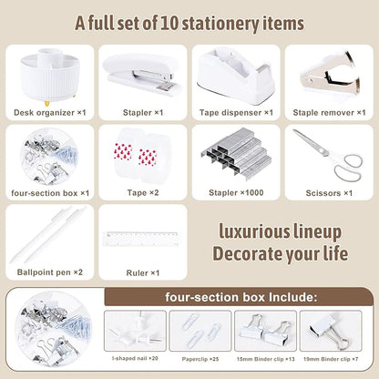 Gawsey White Desk Organizers and Accessories with Desk Organizer 360° Rotating Pen Holder and Office Supplies, Cute Stationery Supplies Set
