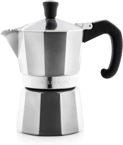 Bellemain Stovetop Espresso Maker, Italian Moka Pot, 3-Cup Silver | Classic aluminum design brews rich espresso at home or camping, with an easy-to-use and easy-to-clean design.