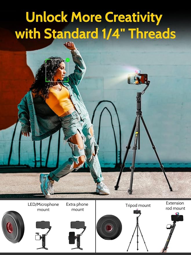 AOCHUAN 3-Axis Gimbal Stabilizer for iPhone & Android w/RGB Light, Handheld Phone Gimbal for Video Recording w/AI Tracking,1/4 Thread, Extendable Tripod, Padded Carry Bag(Smart X Complete Combo1)