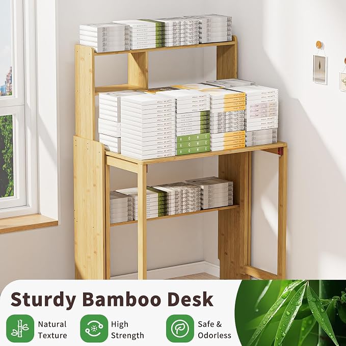 Folding Desk for Small Spaces, Bamboo Foldable Desk with Bookshelf, Natural | Small Computer Desk with Storage, Mid Century, Fold Out，Compact Size, for Bedroom, Living Room, Apartment, Home Office