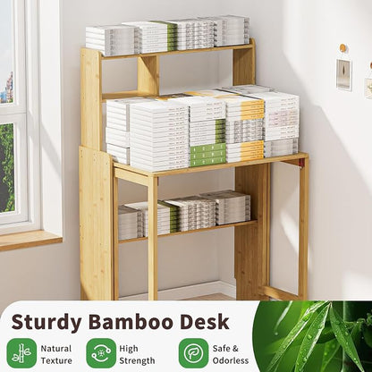Folding Desk for Small Spaces, Bamboo Foldable Desk with Bookshelf, Natural | Small Computer Desk with Storage, Mid Century, Fold Out，Compact Size, for Bedroom, Living Room, Apartment, Home Office