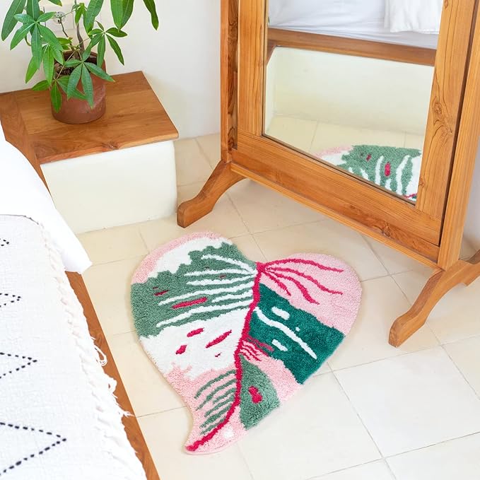 Pink Princess Non Slip Bath Mat or Kitchen Tufted Rug, Plant Leaf Shaped Kids Pets Floor Mat Carpet, Green, 32" x 24"
