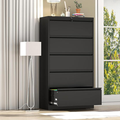 AQY 5 Drawer File Cabinet with Lock,Metal Lateral File Cabinets for Home Office,Steel Wide Filing Organization Storage Cabinets for Hanging Files Letter/Legal/F4/A4 Size,Assembly Required(Black)