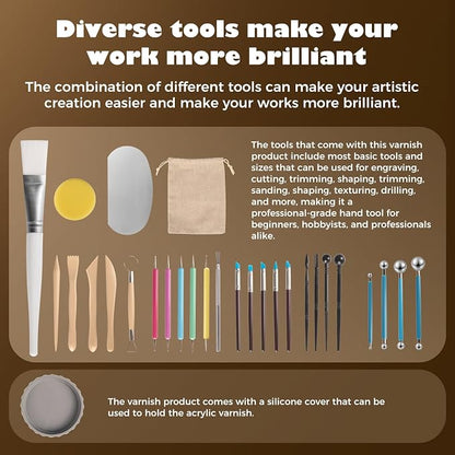 Sovol 240ml Air Dry Clay Glaze with 33pcs Clay Tools kit, Gloss & Matte Clay Varnish Protects Clay from Wear, Cracking, Scratches, Pottery Tools for Stippling, Carving, Molding, Shaping Clay Crafts
