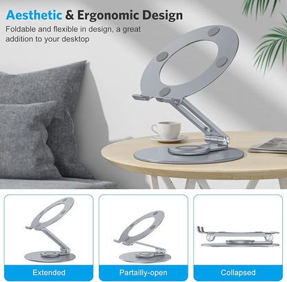 OMOTON Adjustable Laptop Stand with 360 Rotating Base, Ergonomic Laptop Riser for Collaborative Work, Dual Rotary Shaft Fully Foldable for Easy Storage, Fits All Laptops up to 16 inches, CoolGrey